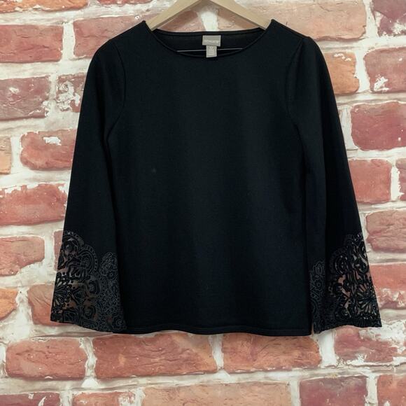 Chico's Tops - Chicos Top Shirt Womens Small 0 Plain Black Floral Burnout Sleeve Popover Blouse